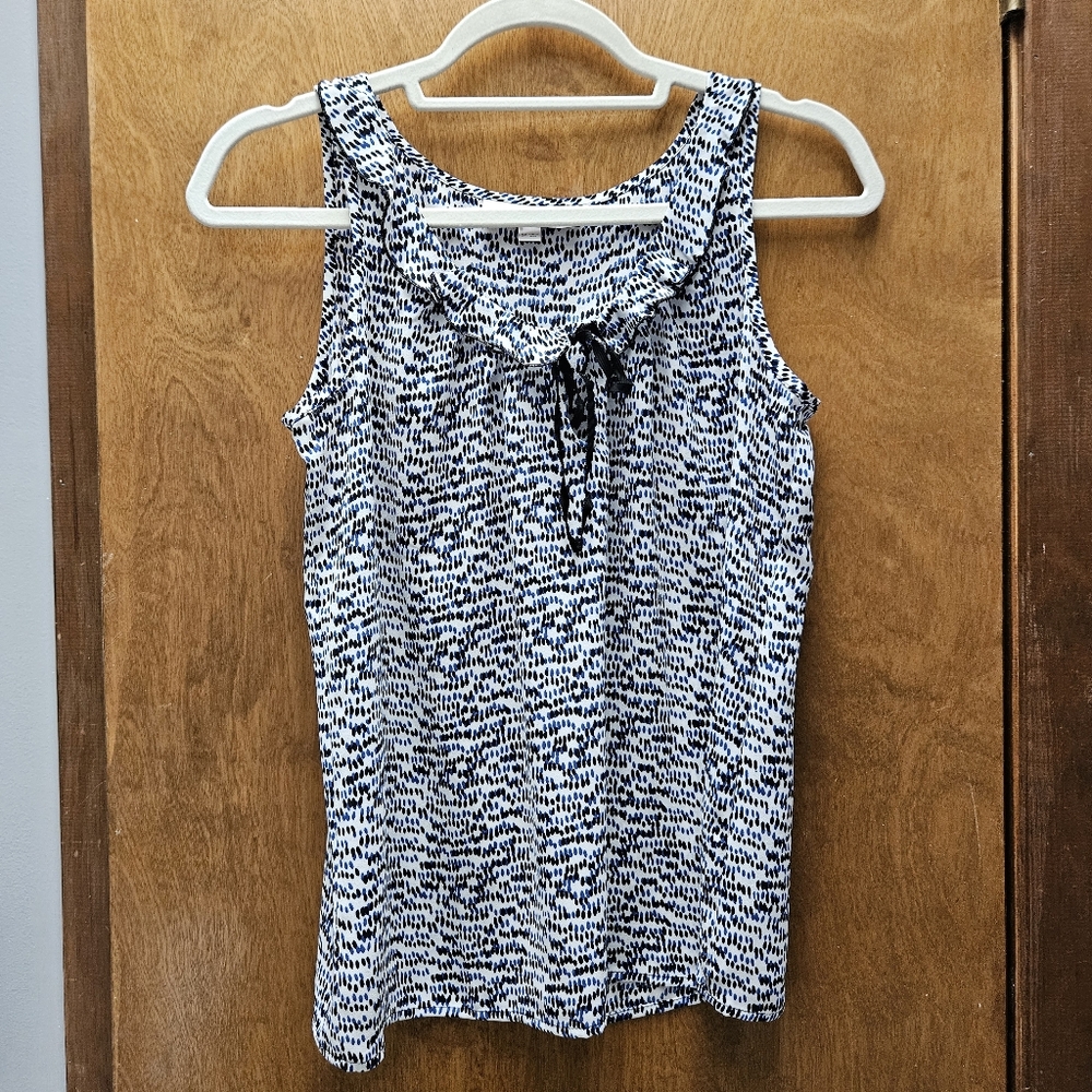 LOFT Petite Ruffle Neck Sleeveless Blouse in White with Blue & Black Dots